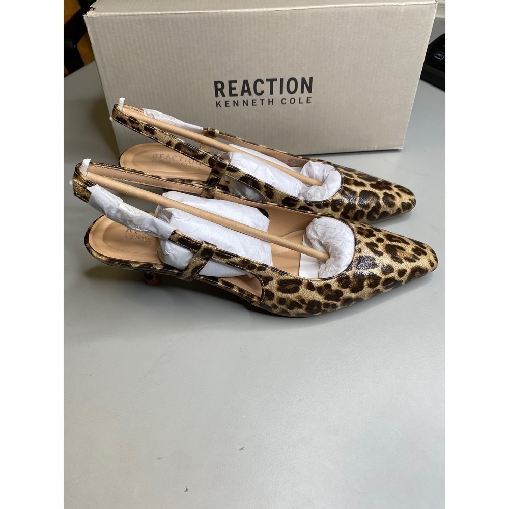 Kenneth Cole Reaction Maggie Leopard Patent Slingback Kitten Heel Pumps Womens 8
